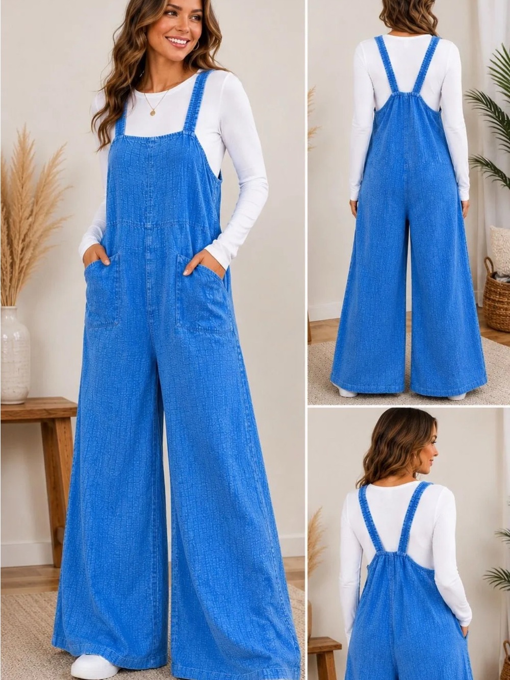 Wide-Leg Blue Gauze Zenana Overalls